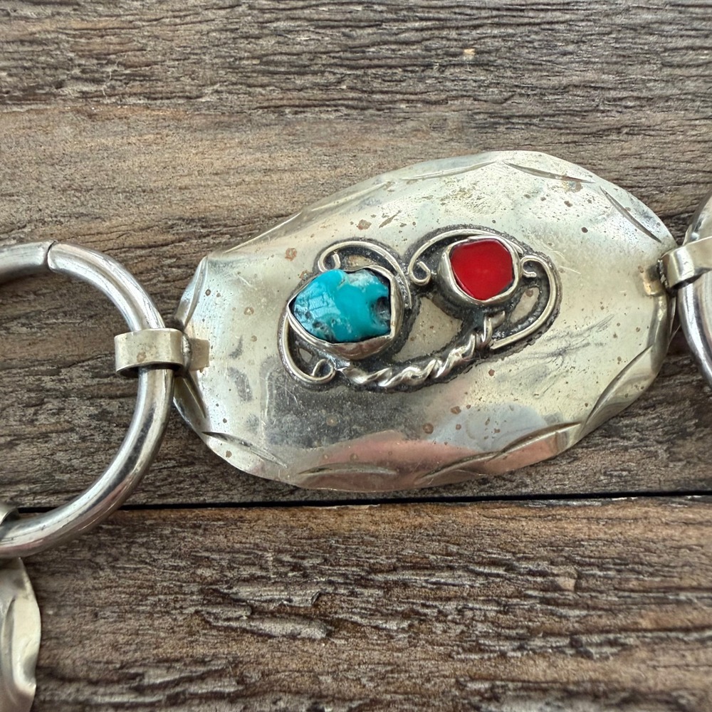 Vintage Sterling Silver Turquoise Coral Concho Link Belt 42" Western Native - Picture 3 of 10